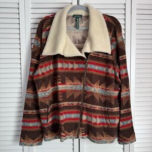 Lauren Ralph Lauren Southwestern Aztec Sherpa Collar Jacket Sweater Size 2X